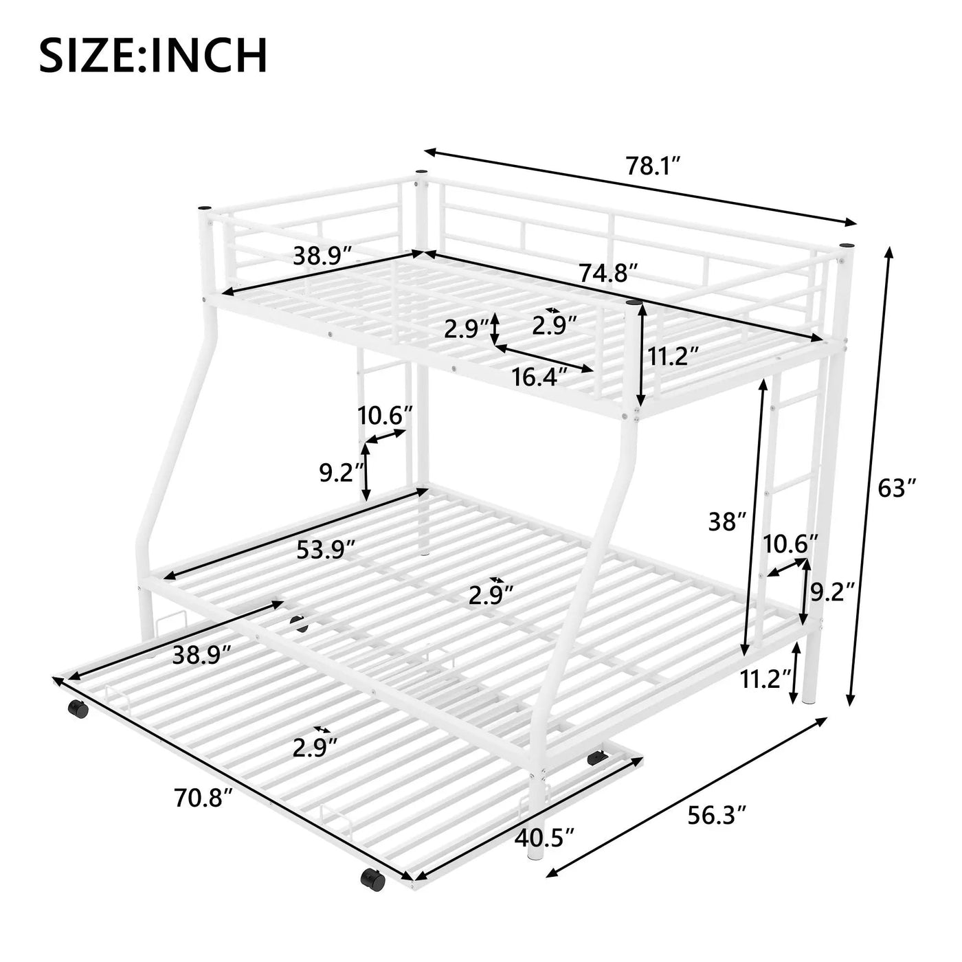 Bunk Bed With Steel Frame And Trundle, 2 Side Ladders by Unique Piece Furniture