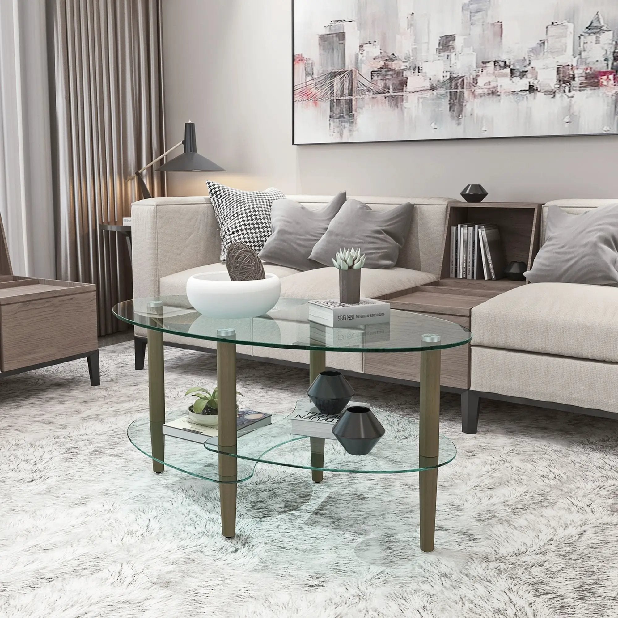 Transparent Oval Glass Coffee Table, Modern Table In Living Room Oak Wood Leg Tea Table 3-Layer Glass Table by Unique Piece Furniture