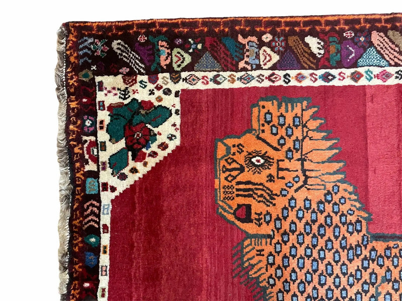 Antique Persian Gabbeh Wool Rug 4x5, Lion Pictorial Rug, Red Orange Black, Hand Knotted Handmade Vintage Gabbeh Carpet 4 x 5 ft, Tribal Rug by Jewel Rugs