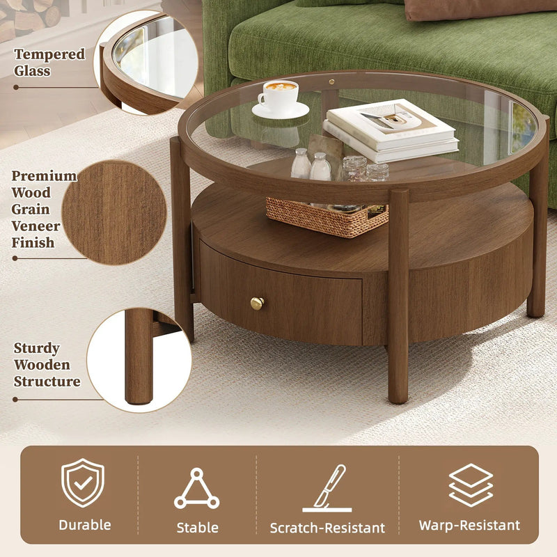 Solid Wood Round Glass Top Coffee Table with Storage Drawer by HouseOfZazla