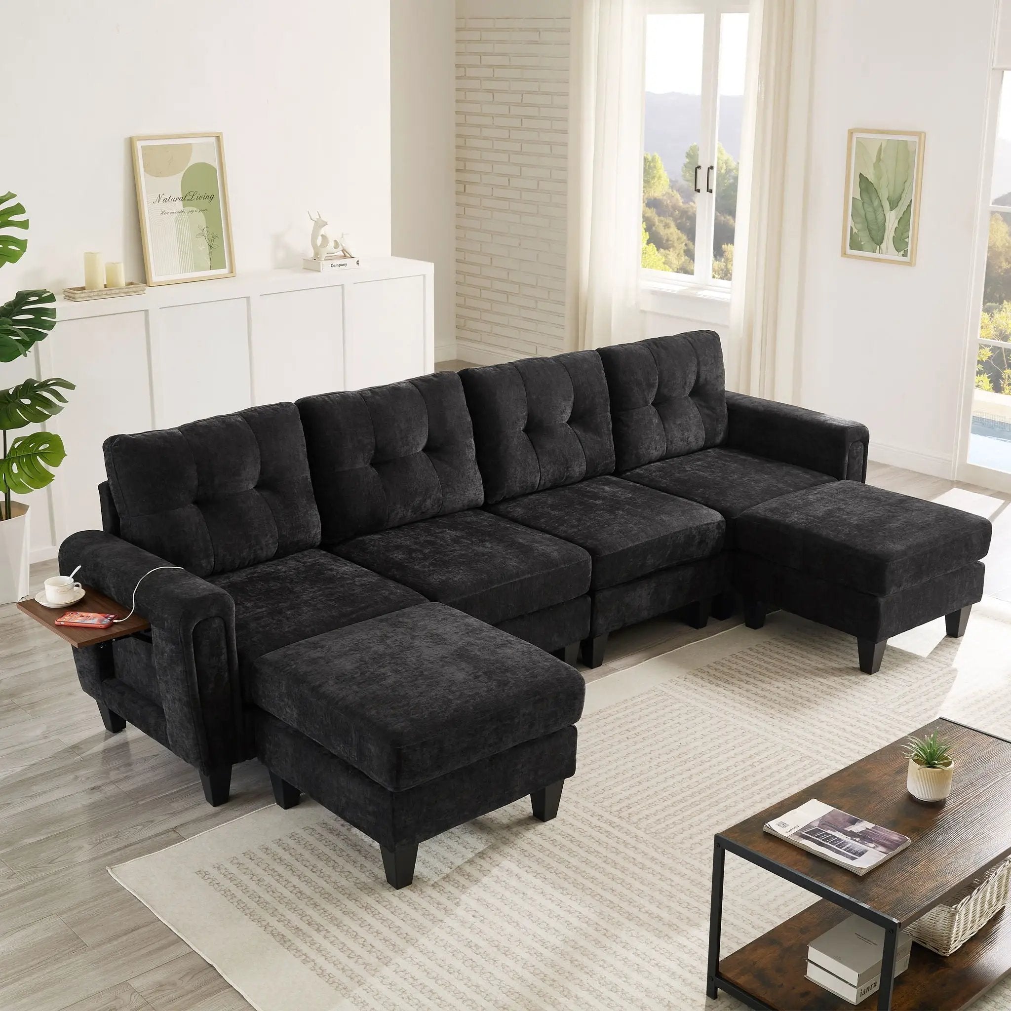 Modular Sectional Sofa With Movable Ottomans, USB Ports & Side Tables by HouseOfZazla
