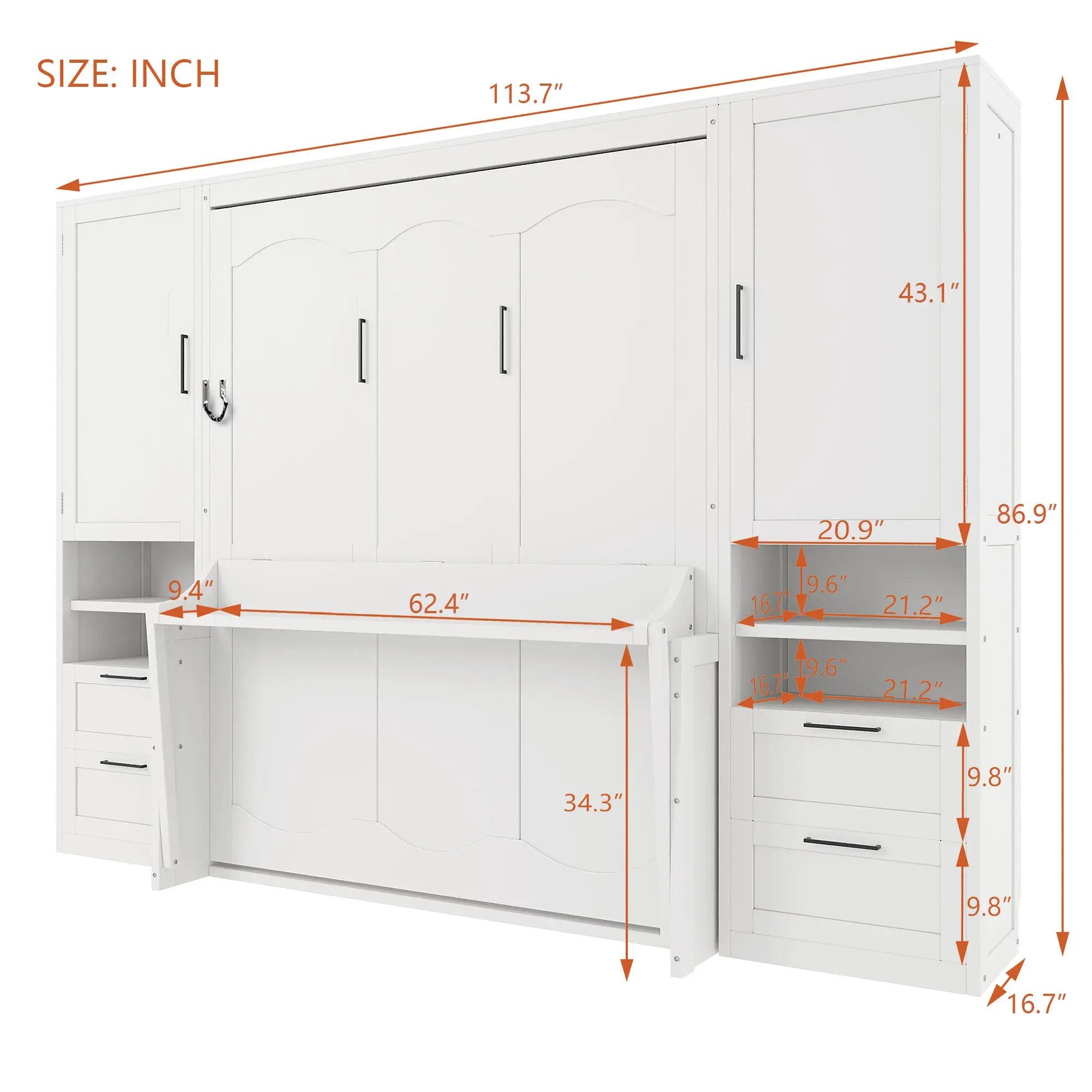 Queen Size Murphy Bed Wall Bed with Closet, Drawers and Shelves, White by HouseOfZazla