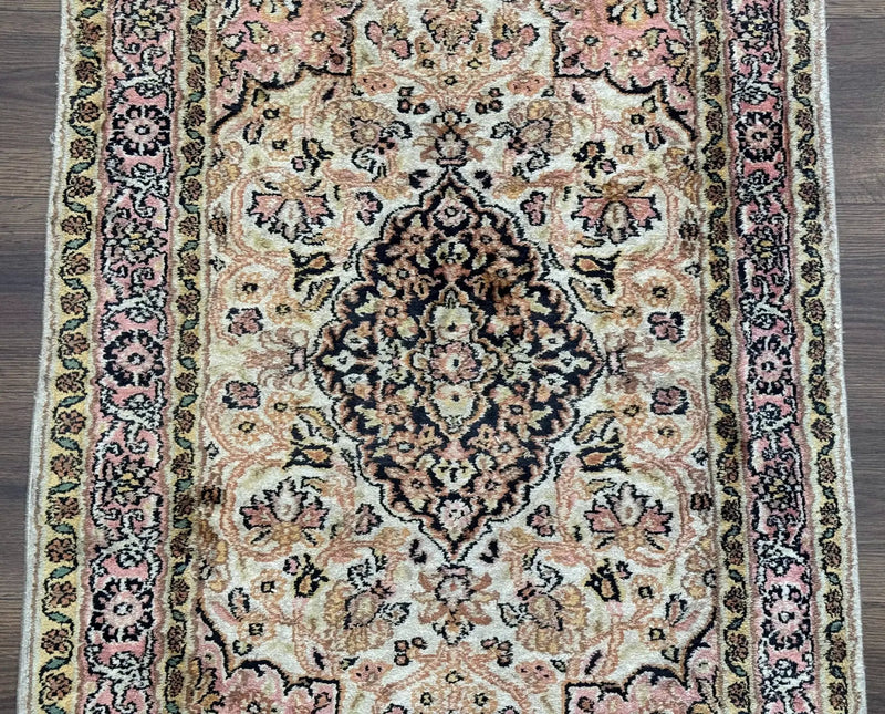 Silk Indian Kashmiri Runner Rug 2.7 x 9.8, Floral Medallions by Jewel Rugs