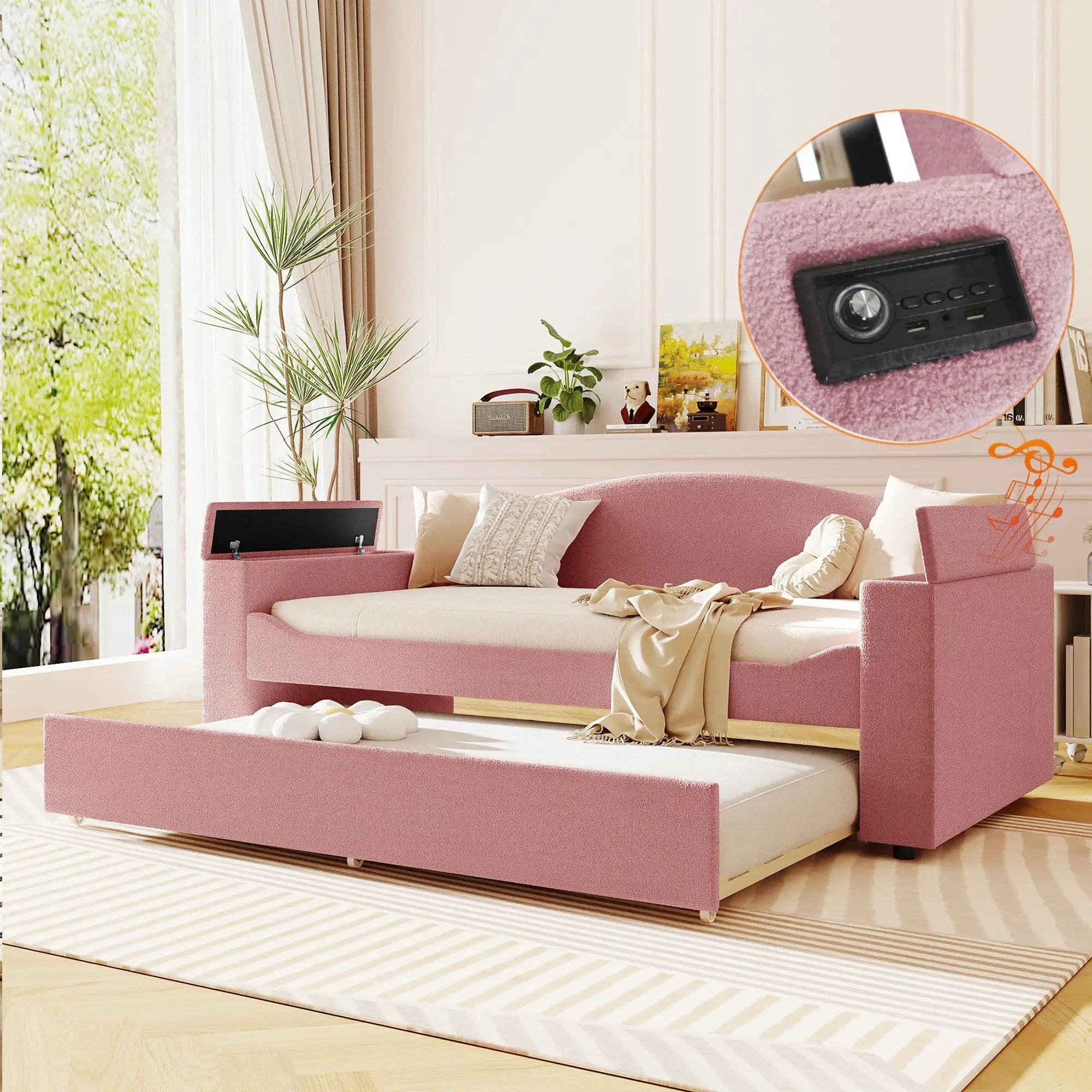 Upholstered Daybed With Storage Armrests, Trundle And Latest Integrated tooth Audio System by Unique Piece Furniture