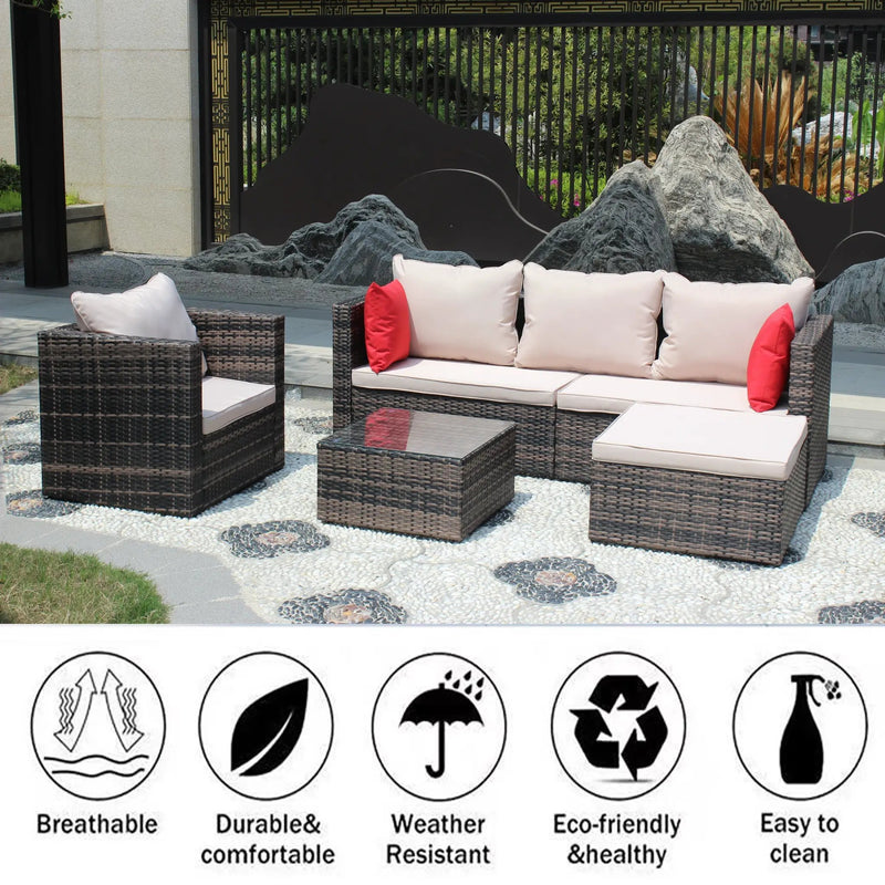 Rattan Patio Furniture Set Wicker Sofa Cushioned Sectional (4 Pieces, Brown) by HouseOfZazla