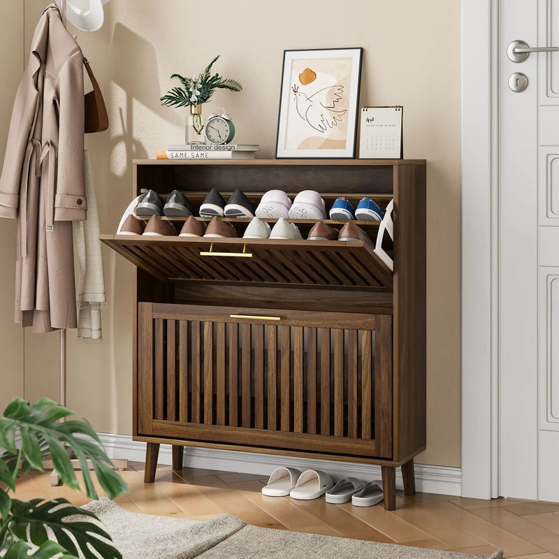 Medieval Modern Shoe Cabinet With 2 Flip Drawers And Fence Design by Unique Piece Furniture