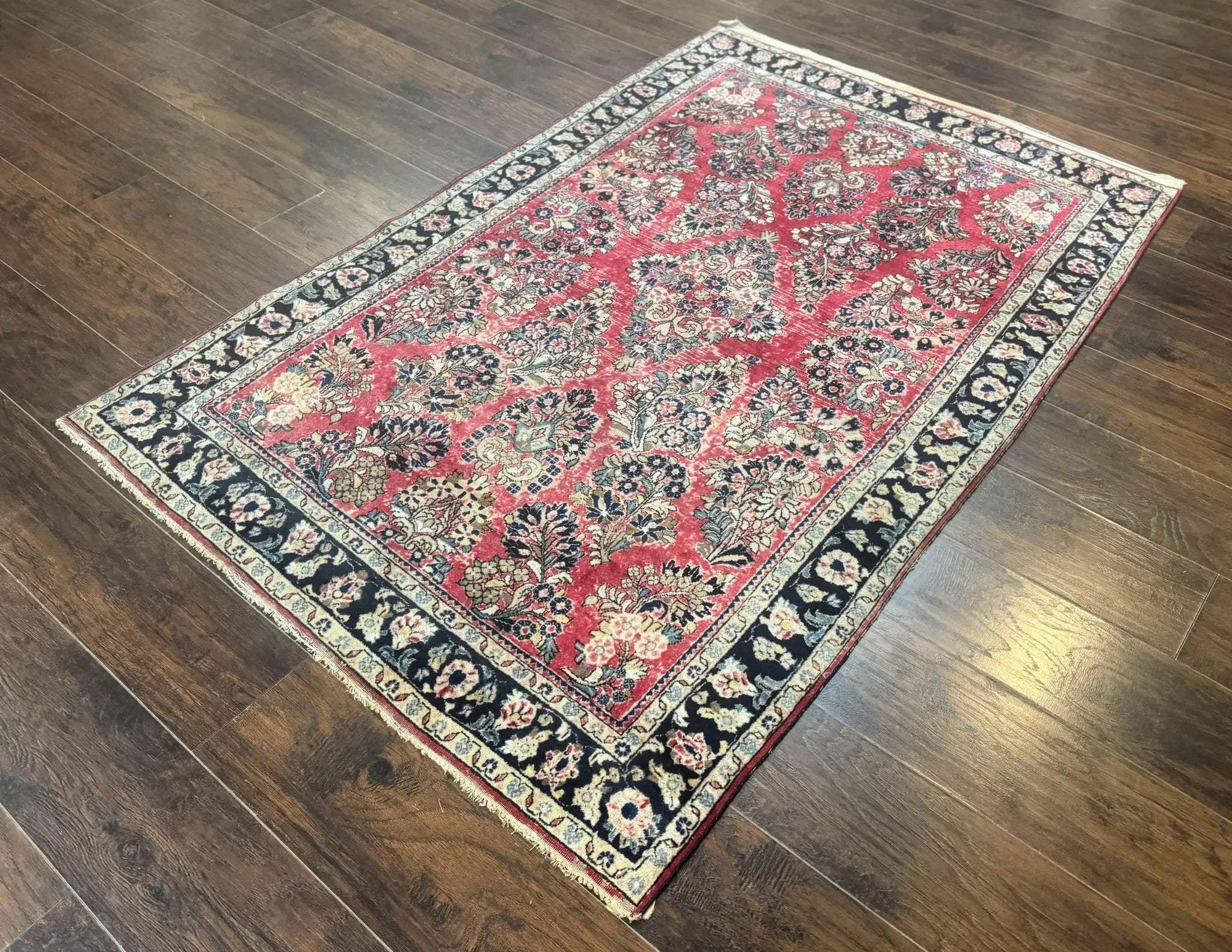 Antique Persian Sarouk Rug 4x7, Floral, Red 1920s Persian Wool Carpet by Jewel Rugs
