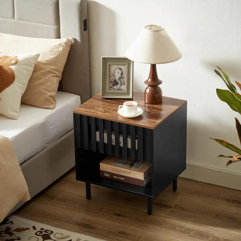 Set of 2 Mid Century Modern Nightstand with Grille Striped Doors, by BLAKHOM