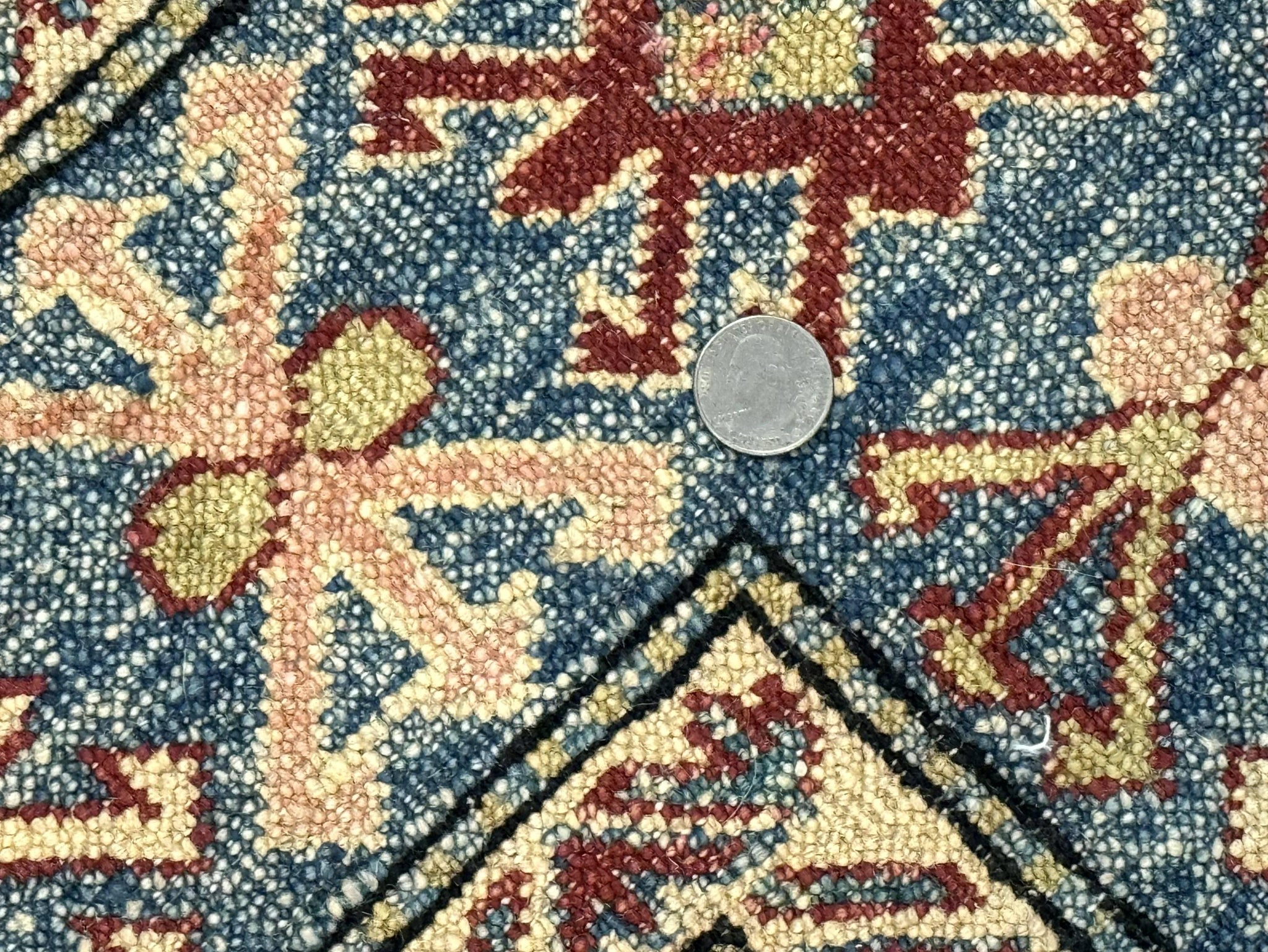 Turkish Kazak Rug 4x6, Handmade Vintage Wool Carpet, Geometric Design, Red and Light Blue by Jewel Rugs