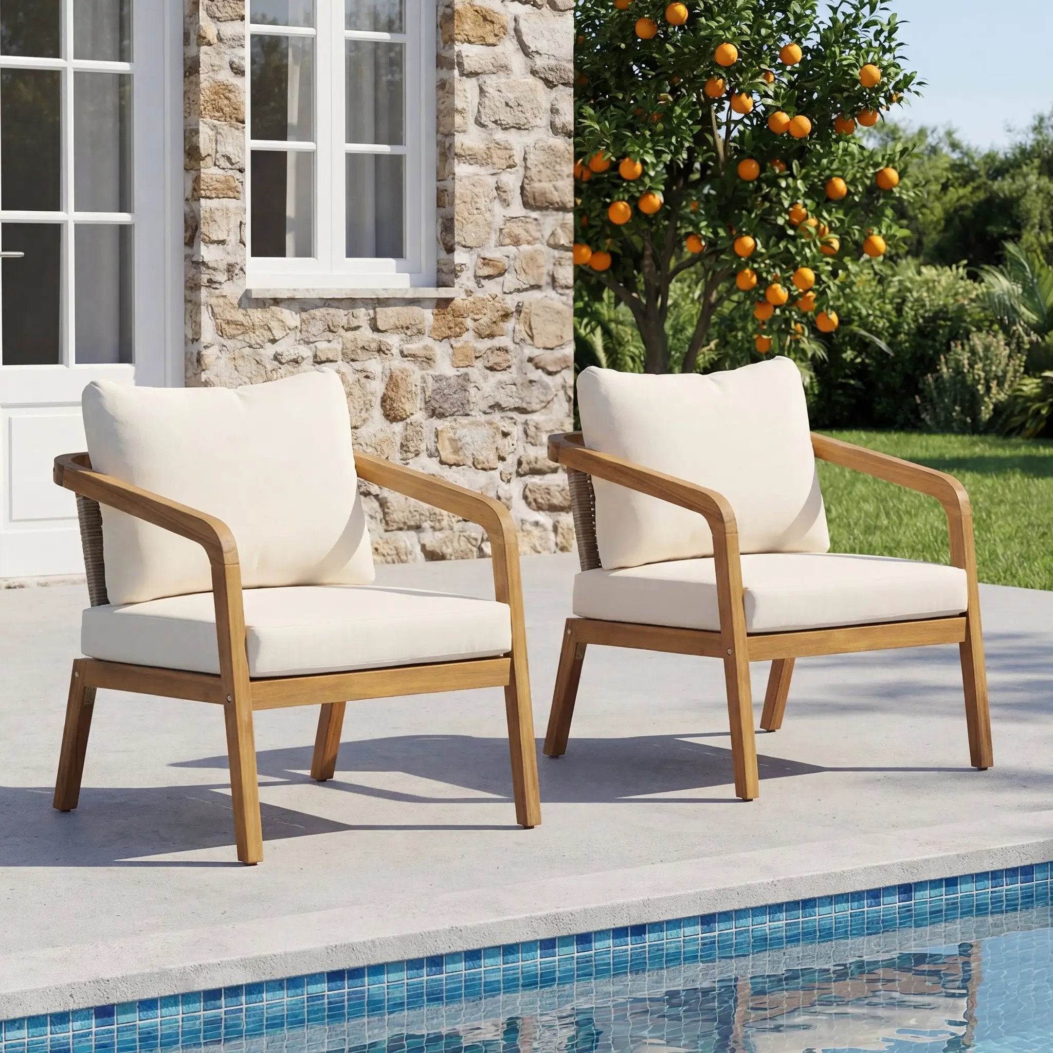 Acacia Wood Outdoor Patio Club Chair with PE Wicker Backrest & Cushions (Set of 2) by HouseOfZazla