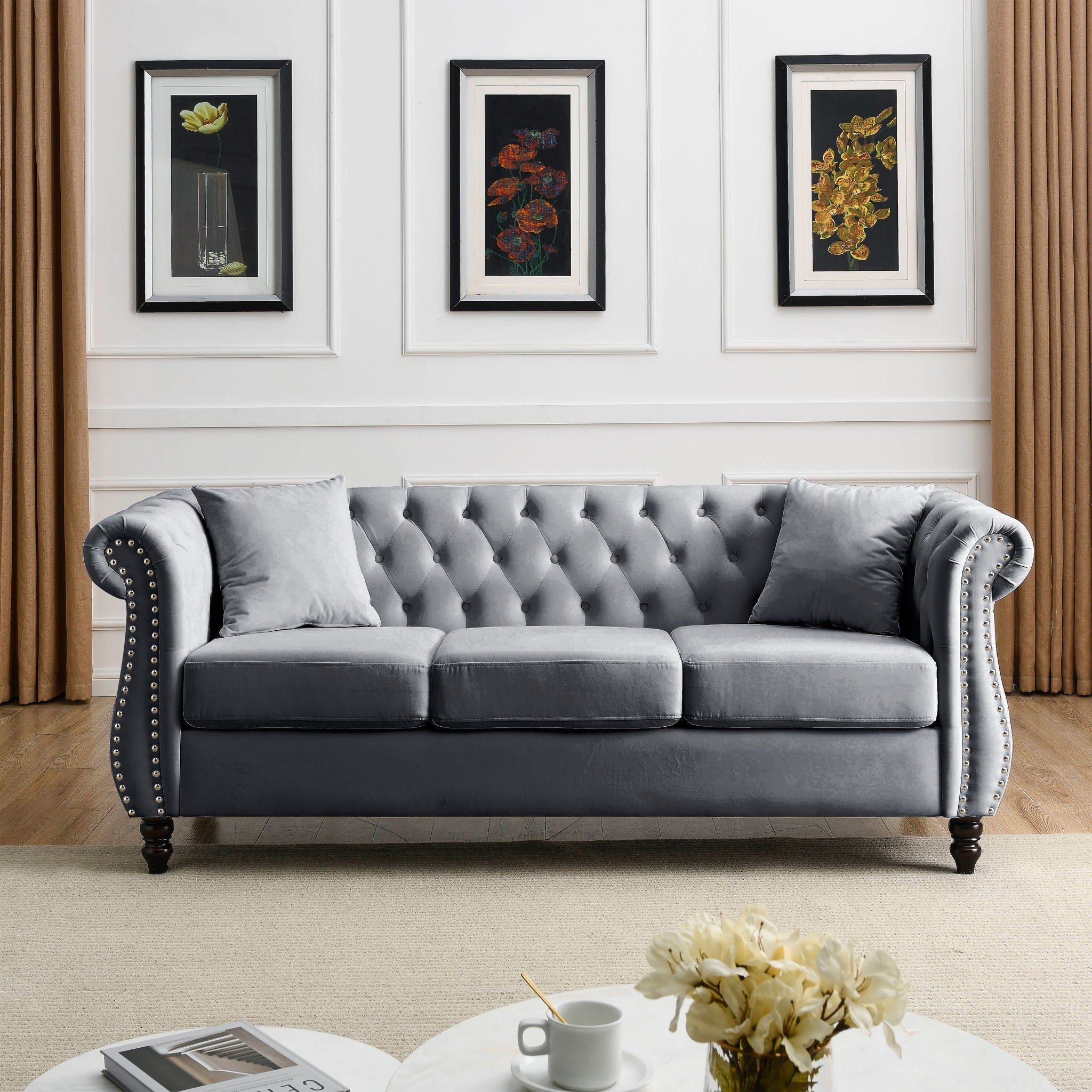 Chesterfield Sofa With Rolled Arms And Nailhead Trim by HouseOfZazla