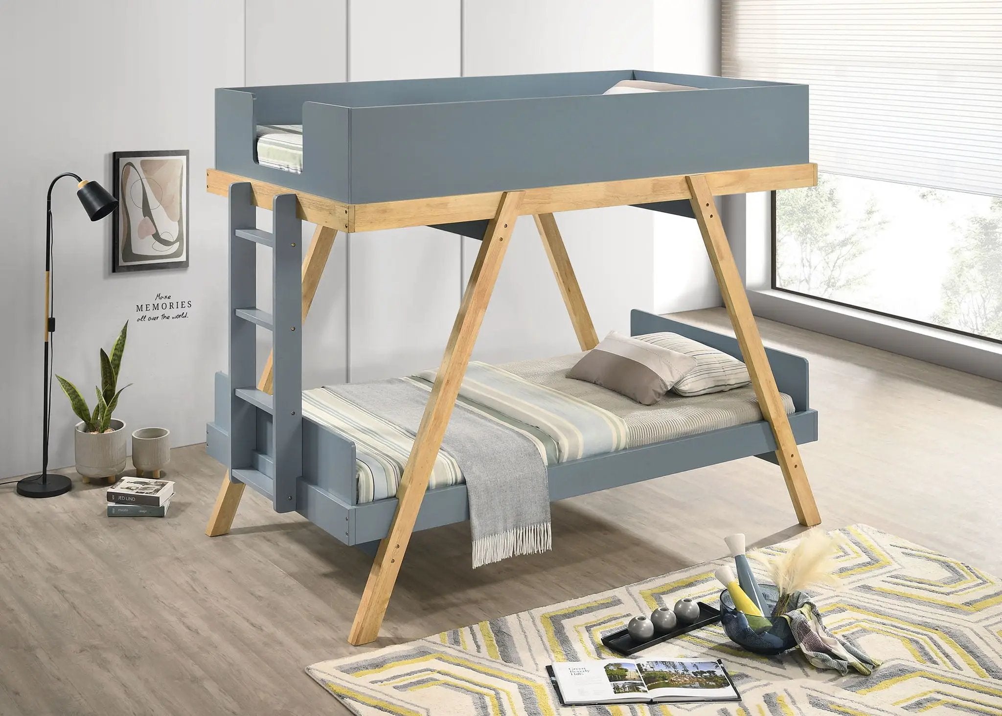 Frankie Wood Twin Over Twin Bunk Bed Blue and Natural by Unique Piece Furniture
