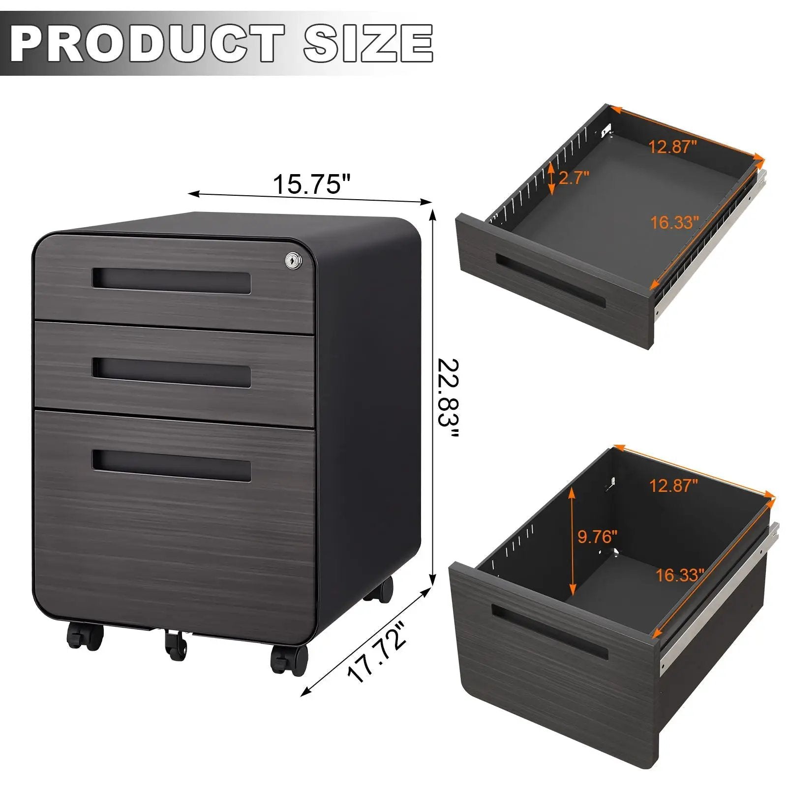 3 Drawer Mobile File Cabinet Under Desk Office, Simple Style Versatile Storage Cabinet For Legal / Letter / A4 Files, 5 Wheel Design Anti-Tilting Cold Rolled Steel Waterproof Moisture-Proof by HouseOfZazla