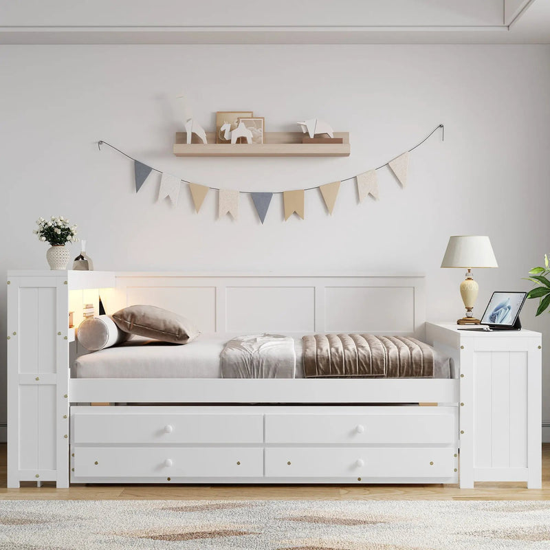 Daybed With Storage Shelves, Drawers, Trundle, Charging Station, LED Light, Desk And Cabinet by HouseOfZazla