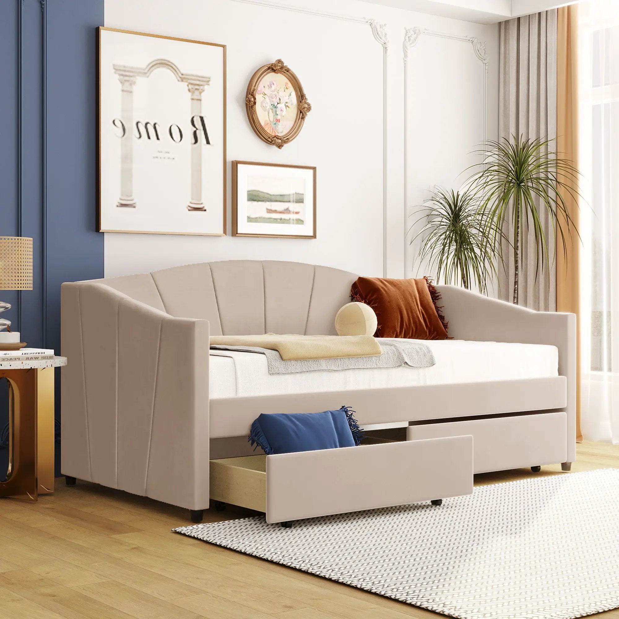 Upholstered Daybed With Two Drawers And Wood Slat by Unique Piece Furniture