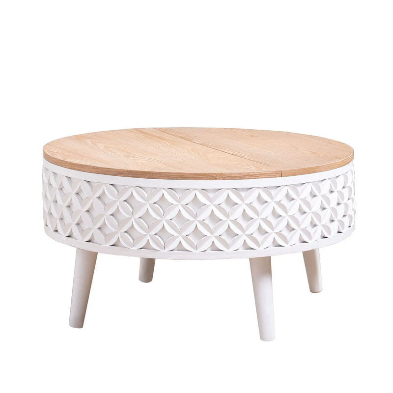 Round Coffee Table With Storage - White / Light Oak by HouseOfZazla