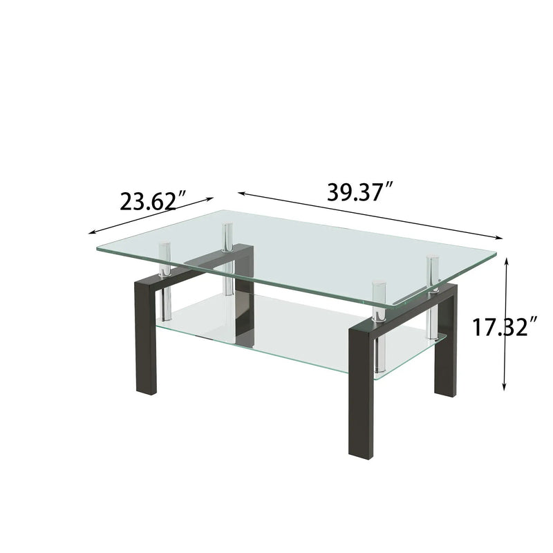 Tempered Clear Glass Coffee Table, 2-Layers Coffee Table Living Room Center Table - Black by Unique Piece Furniture