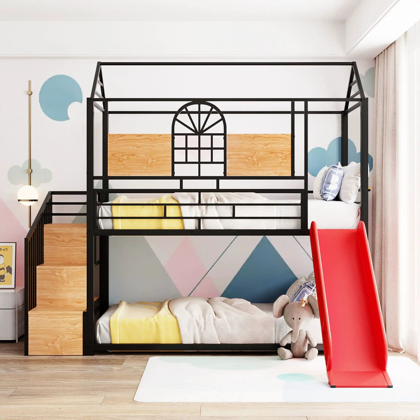 Metal Bunk Bed, Metal Housebed With Slide And Storage Stair by HouseOfZazla