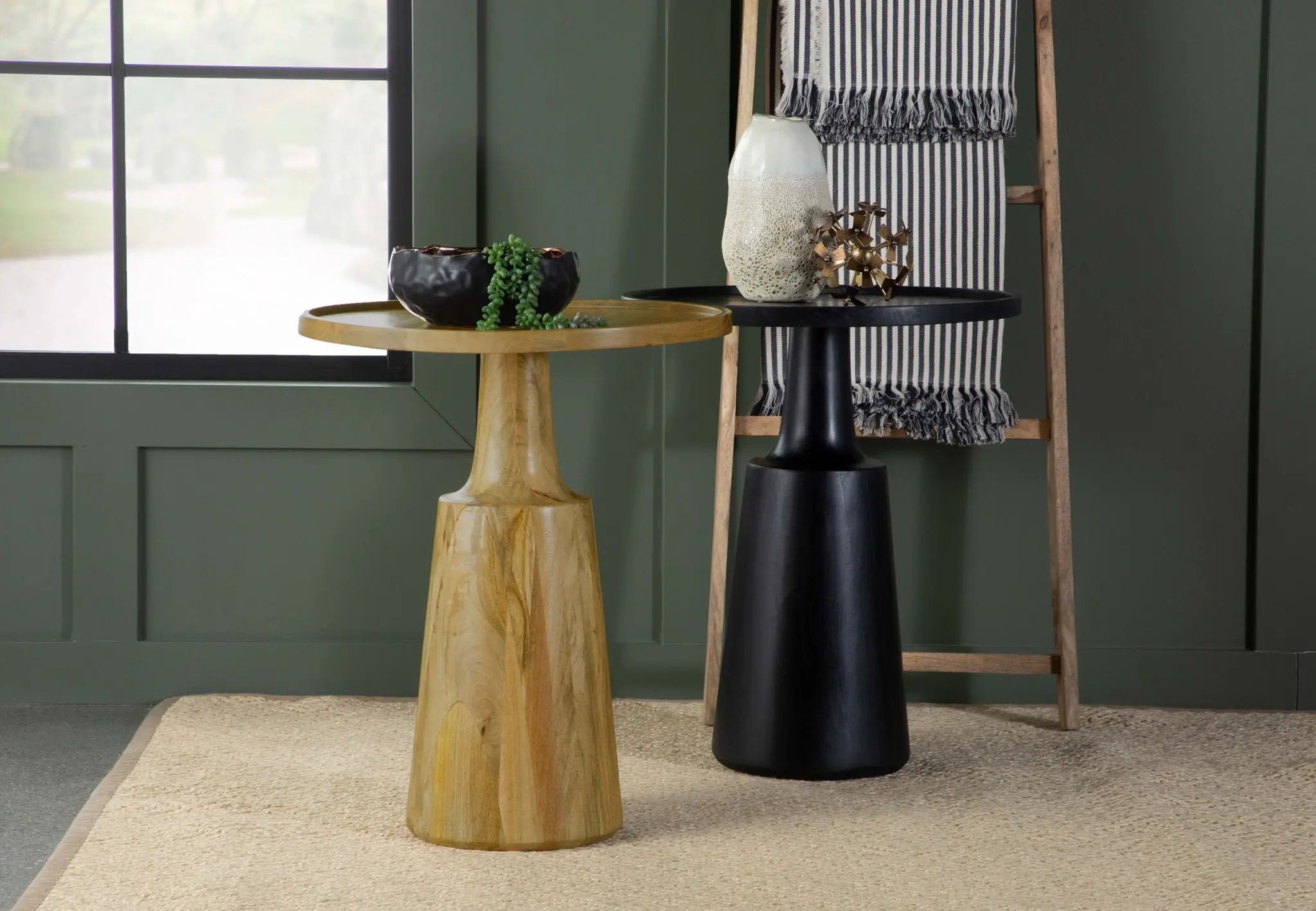Ixia Round Solid Mango Wood Accent Side Table Black Stain by Unique Piece Furniture