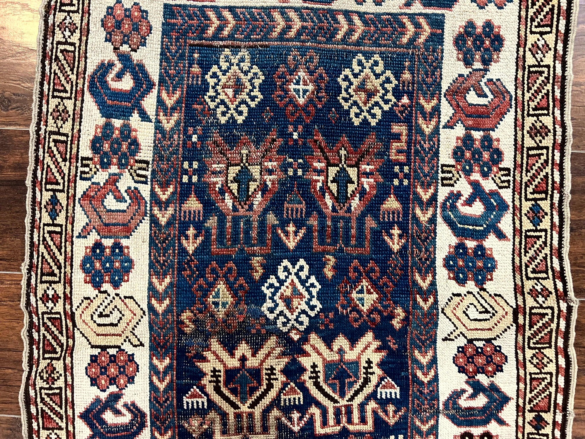 Antique Caucasian Kazak Rug 2.5 x 4, Navy Blue and Ivory, Hand Knotted Handmade Wool Rug by Jewel Rugs