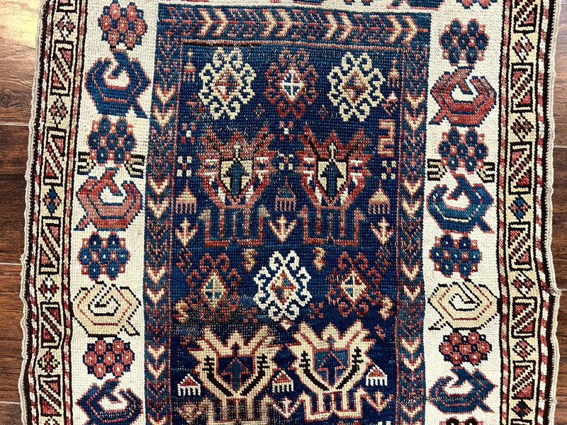 Antique Caucasian Kazak Rug 2.5 x 4, Navy Blue and Ivory, Hand Knotted Handmade Wool Rug by Jewel Rugs