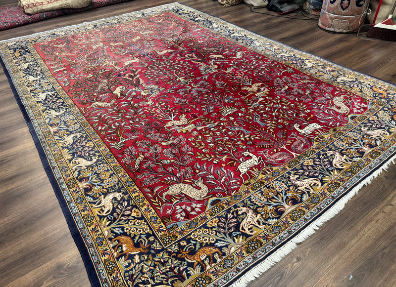 Persian Qum Rug 9x12, Animal Pictorials, Deer Birds, Tree of Life, Red and Navy Blue by Jewel Rugs