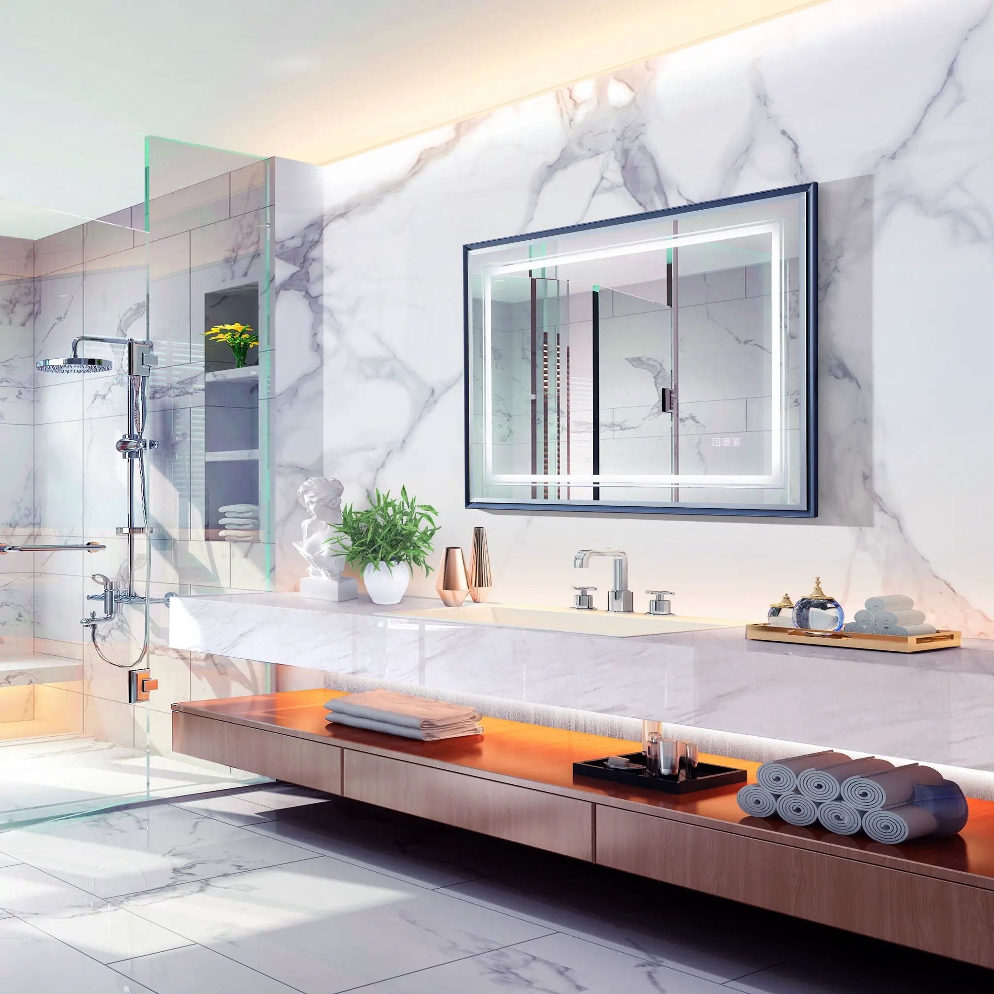 LED Bathroom Beveled Mirror, 3000 - 6000K Gradient Front And Backlit LED Mirror For Bathroom, 3 Colors Dimmable, Ip54 Enhanced Anti Fog by Unique Piece Furniture
