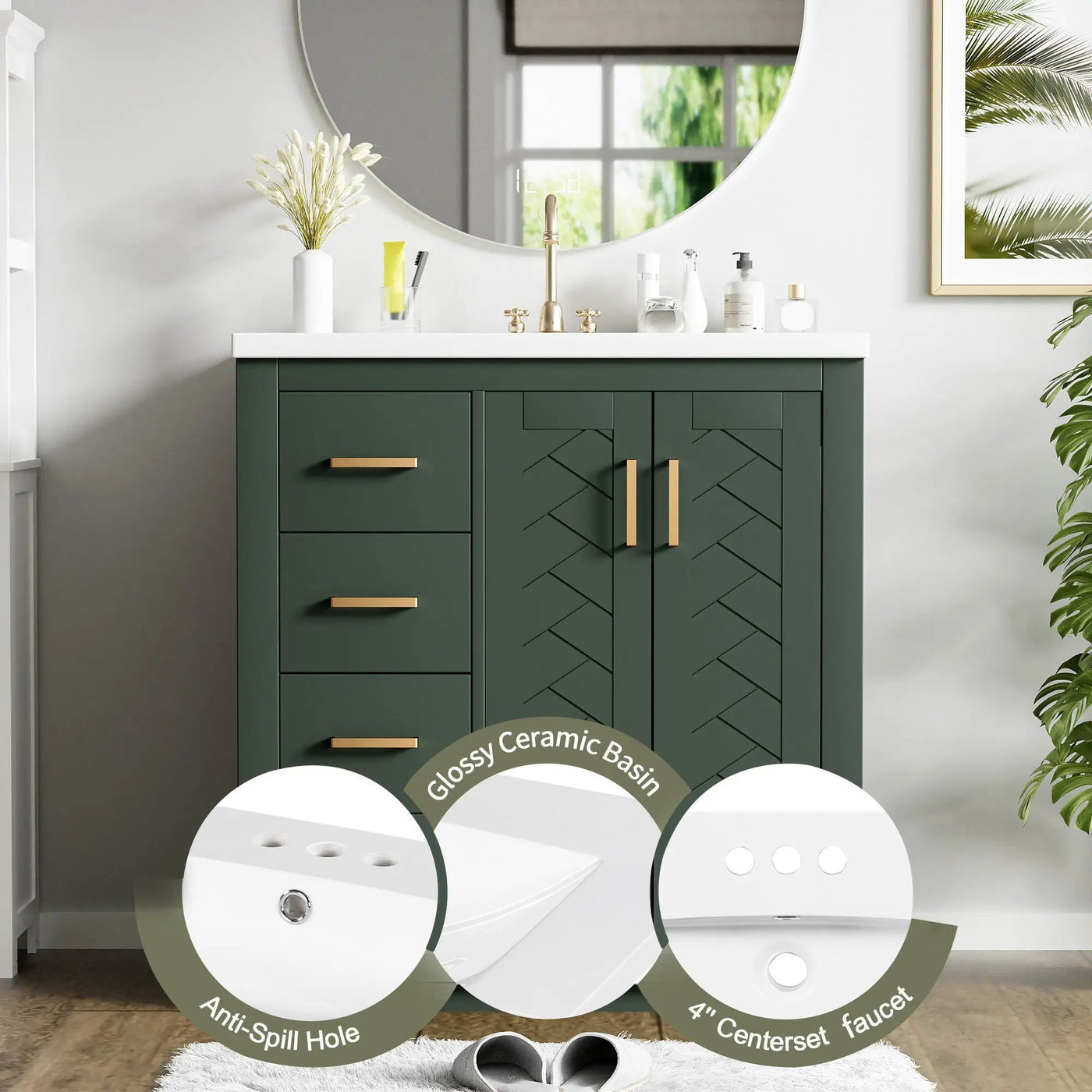 Ceramic Sink Combo, Freestanding Vanity Set With 3 Drawers & Soft Closing Doors by Unique Piece Furniture