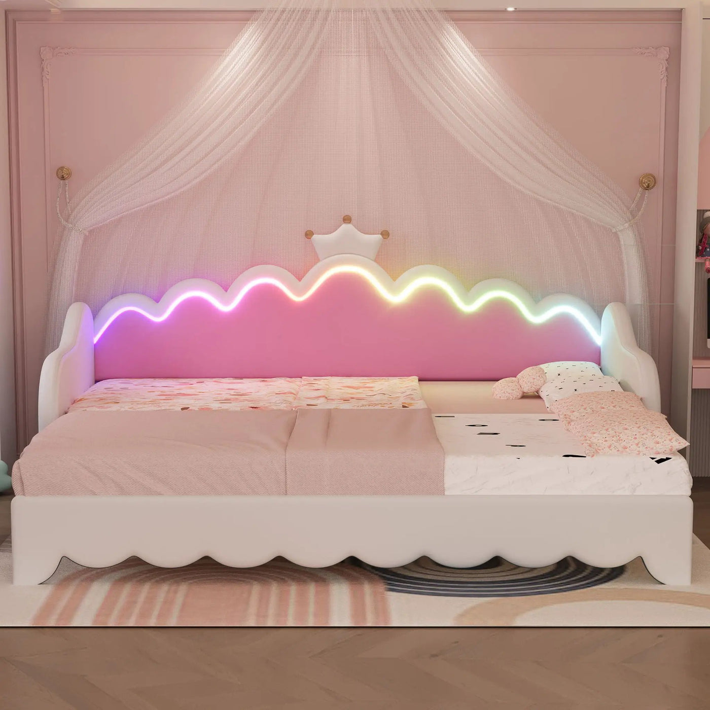 Extending Daybed With LED Lights, Modern Upholstered Princess Daybed With Crown Headboard by HouseOfZazla