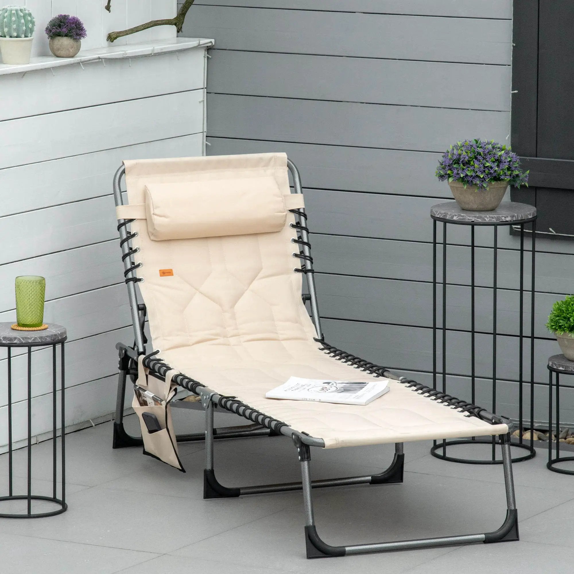 Outsunny - Padded Folding Chaise Lounge Chair, Outdoor 6-Level Reclining Camping Tanning Chair With Headrest For Beach, Yard, Patio, Pool - Beige by Unique Piece Furniture