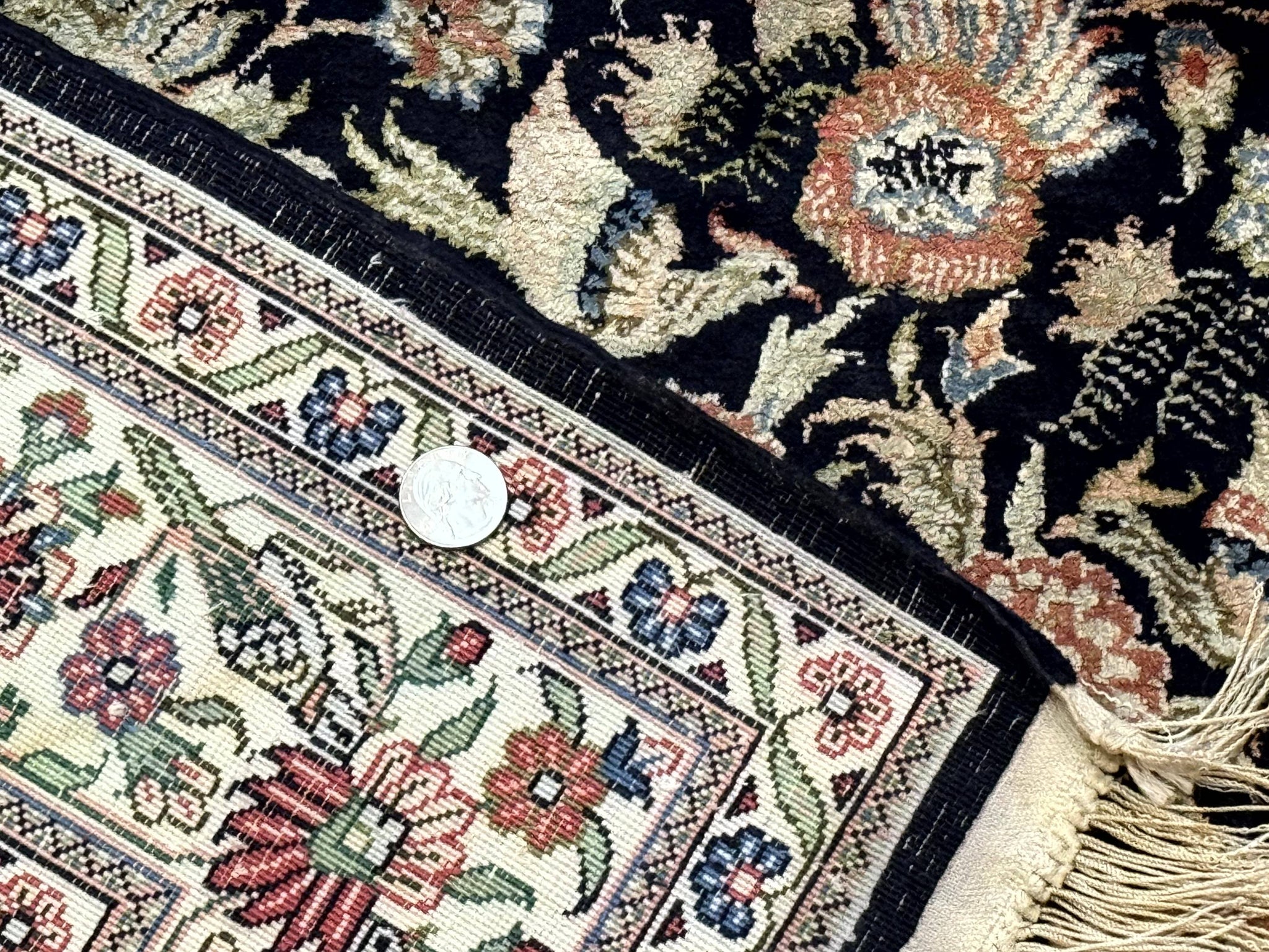 Silk Rug 4x6, Black and Cream, Floral & Bird Pictorials, Fine 330 KPSI, Sino Persian Rug by Jewel Rugs