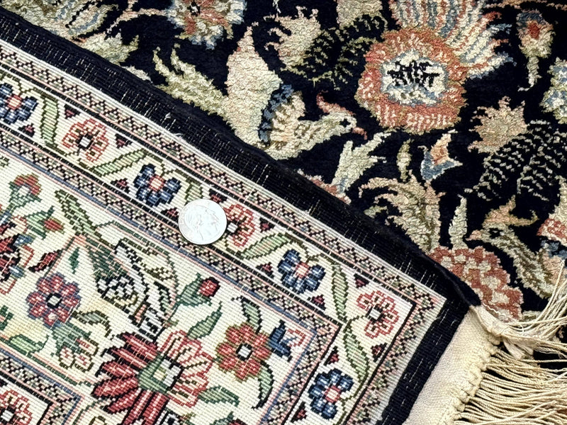 Silk Rug 4x6, Black and Cream, Floral & Bird Pictorials, Fine 330 KPSI, Sino Persian Rug by Jewel Rugs