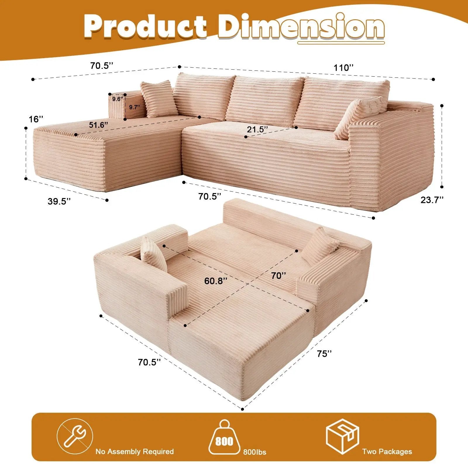 Compression Sectional Couch With Comfy Chaise, Boneless L Shape Sofa With Deep Seat by Unique Piece Furniture