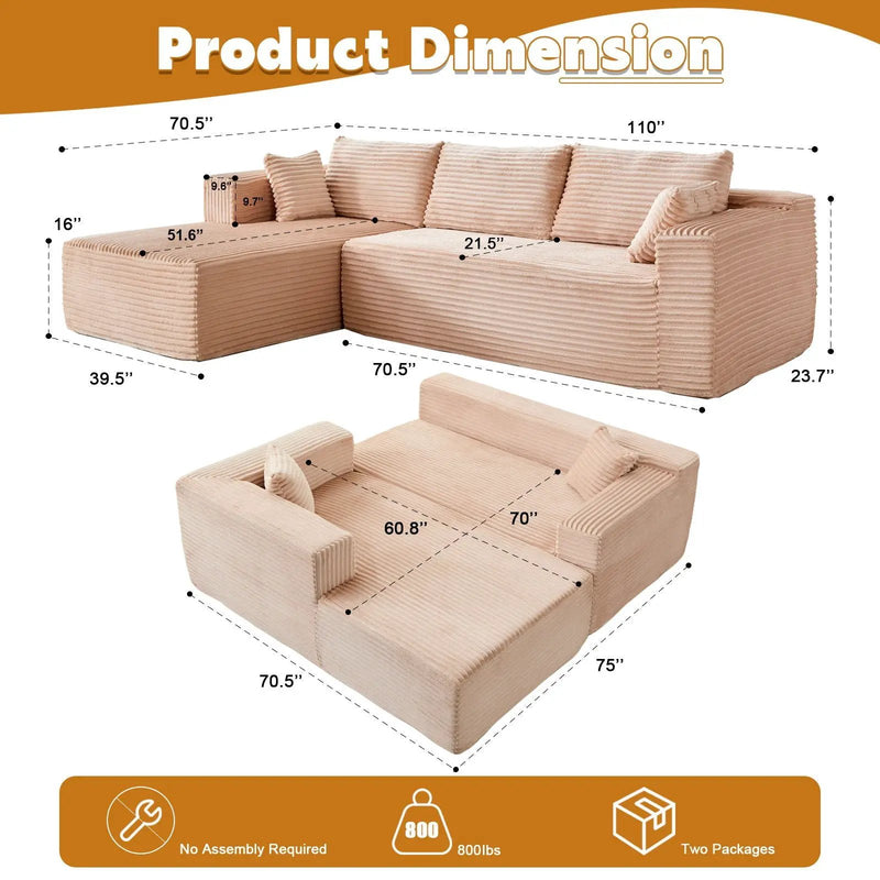 Compression Sectional Couch With Comfy Chaise, Boneless L Shape Sofa With Deep Seat by Unique Piece Furniture