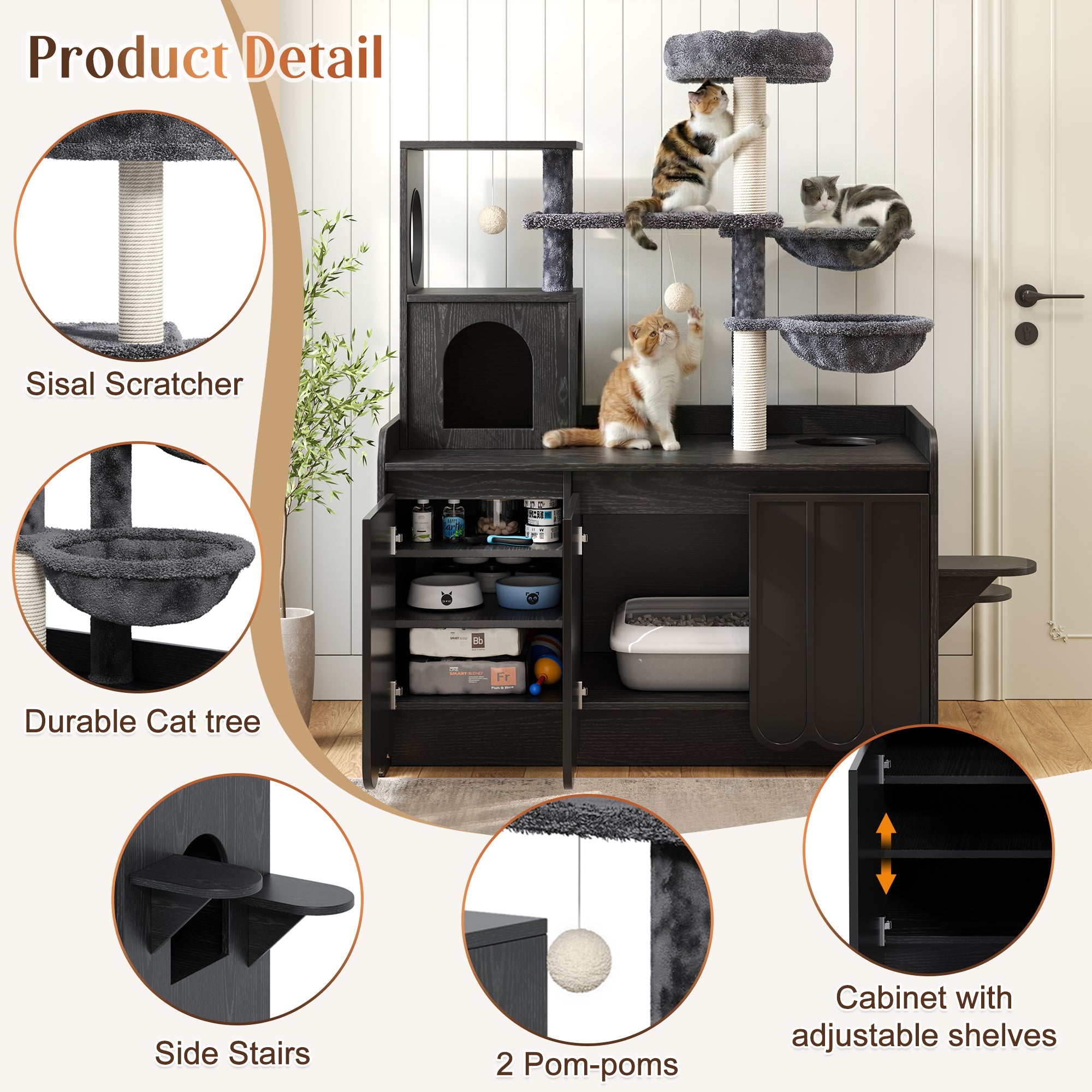 50.6" Cat Tree with Litter Box Enclosure and Sisal Scratching Post by HouseOfZazla