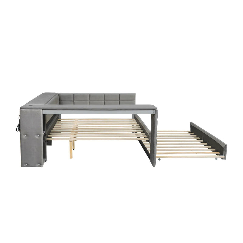 Upholstered Platform Bed With Storage Shelves, Desk, Charging Station And Trundle