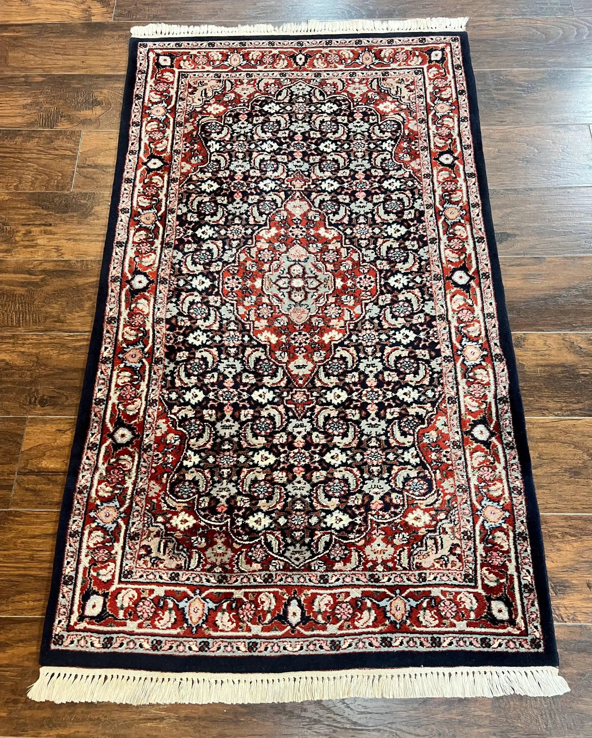 Indo Persian Rug 3x4, Herati Allover Pattern, Midnight Blue and Red, Small Vintage Handmade Wool Rug by Jewel Rugs