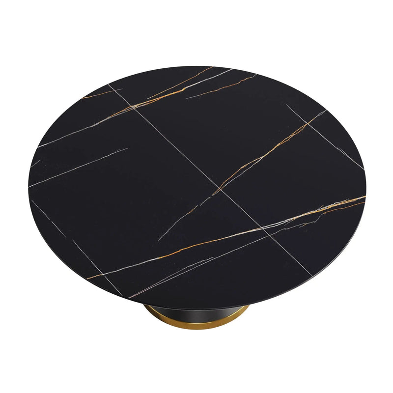 59.05" Modern Artificial Stone Round Black Carbon Steel Base Dining Table, Can Accommodate 6 People - Black by HouseOfZazla