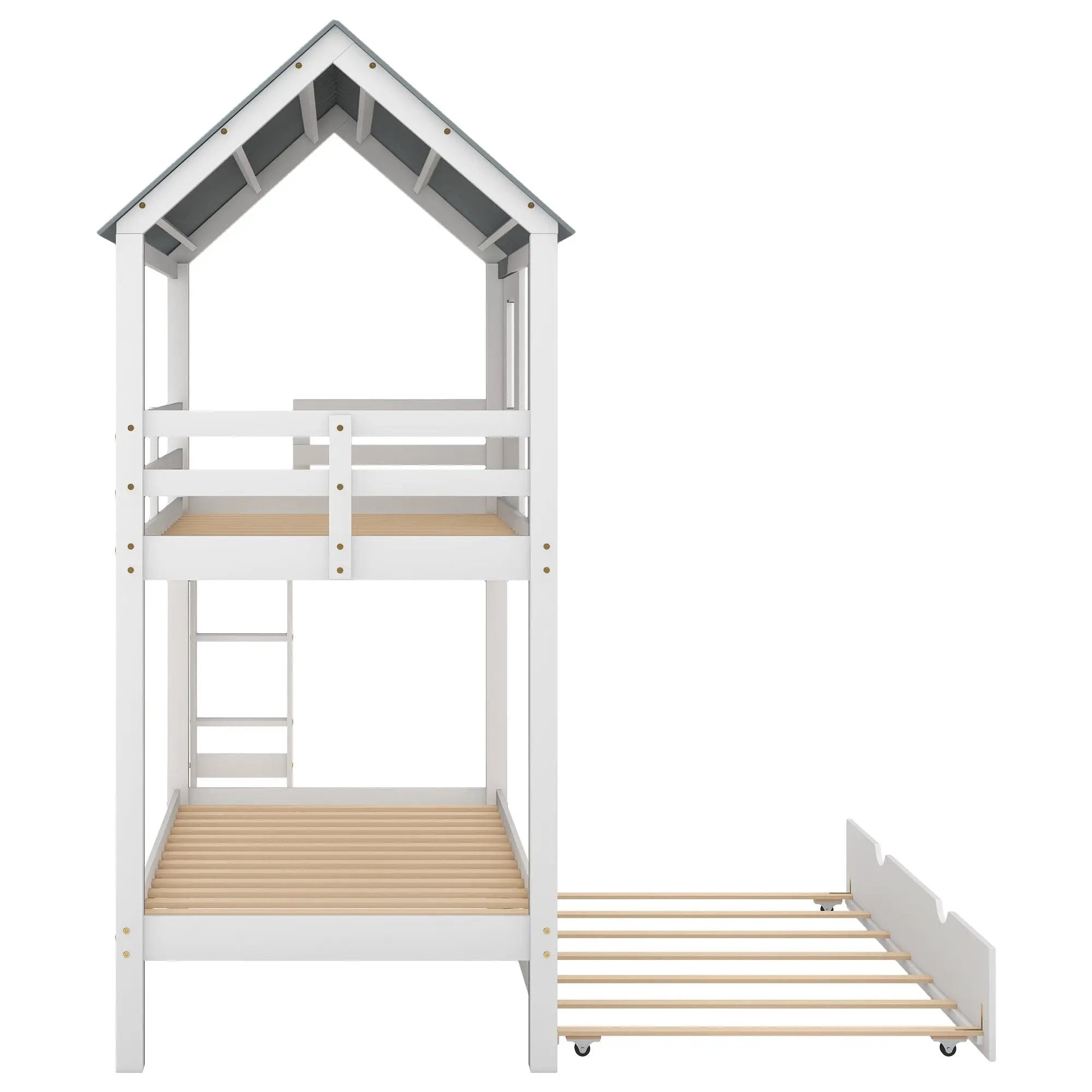 Twin Size House Bunk Bed With Trundle, Roof And Windows - White / Gray by HouseOfZazla