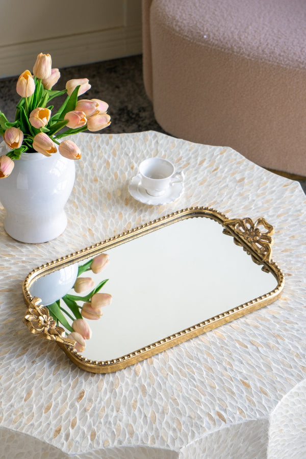 Ornate Gold Accent Tray with Mirrored Surface