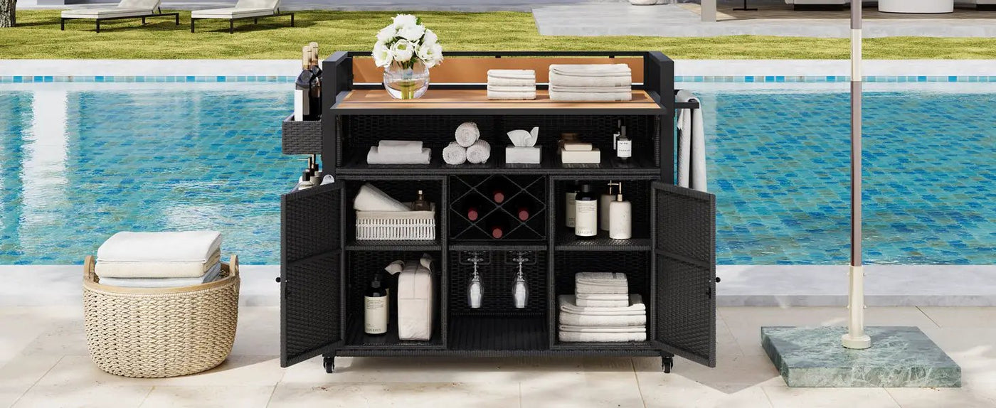 K&K 52.8"W Wicker Outdoor Grill Cart with Extended Table Top by HouseOfZazla