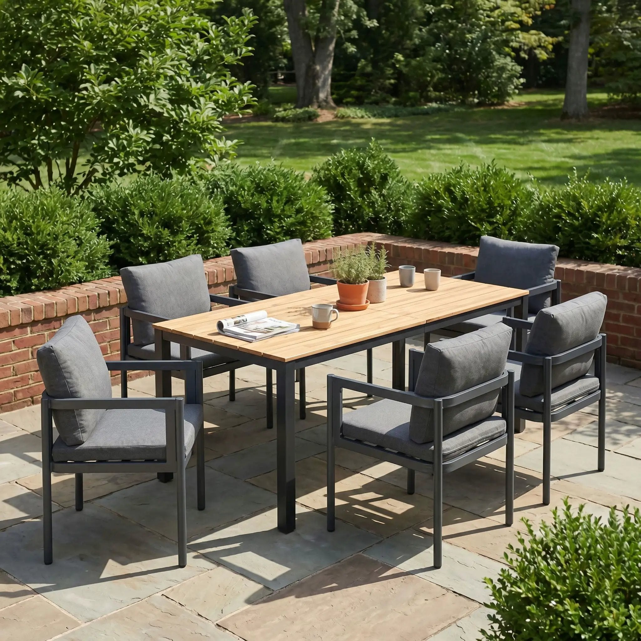 7 Piece Outdoor Dining Set With Table And 6 Chairs - Black / Gray / Teak by HouseOfZazla