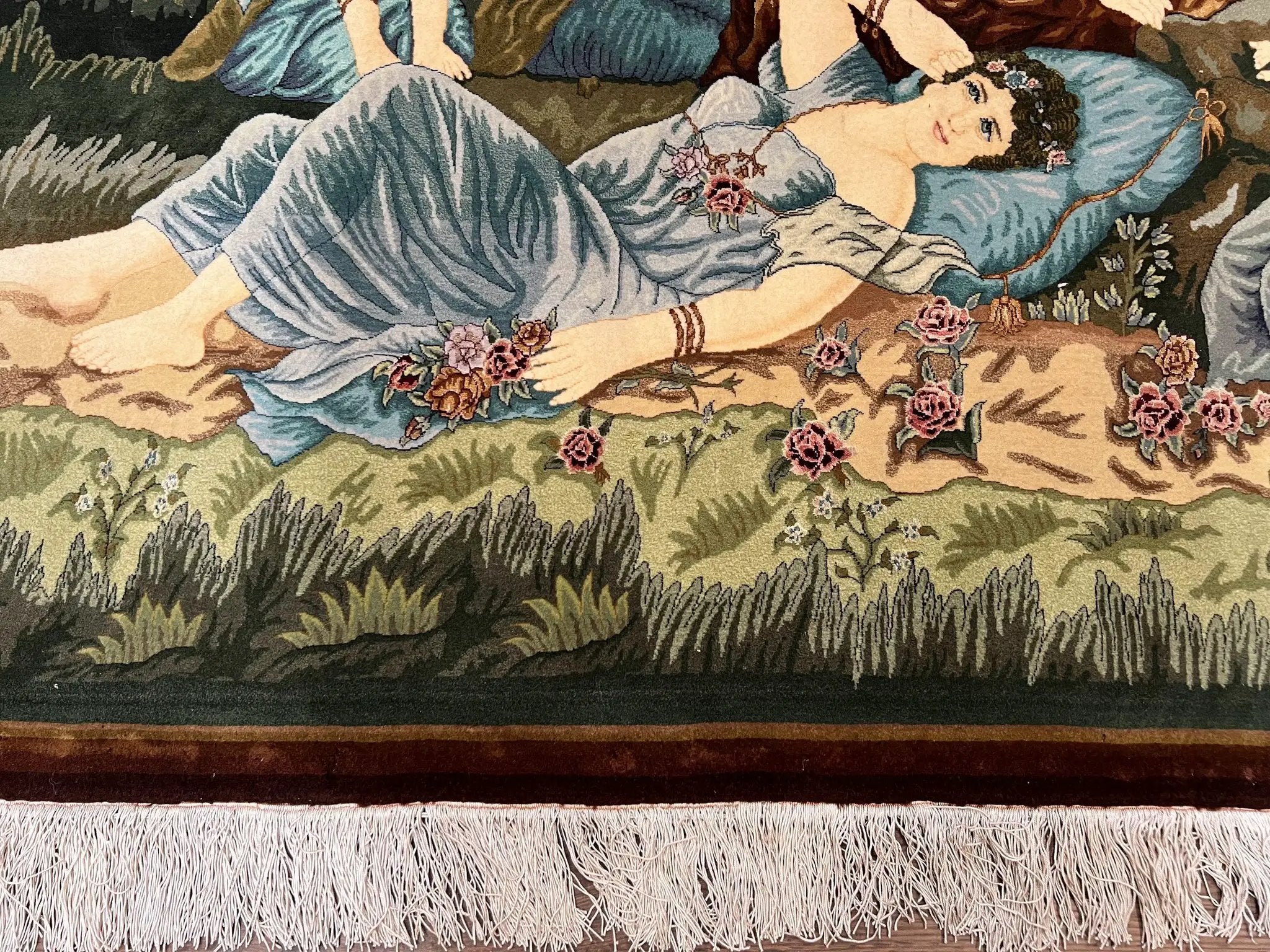 Persian Tabriz Pictorial Rug 5x3, Women Laying By River, Super Fine 60 Raj 480+ KPSI, Hand Knotted Wool Rug, Semi Antique Vintage Oriental Carpet by Jewel Rugs
