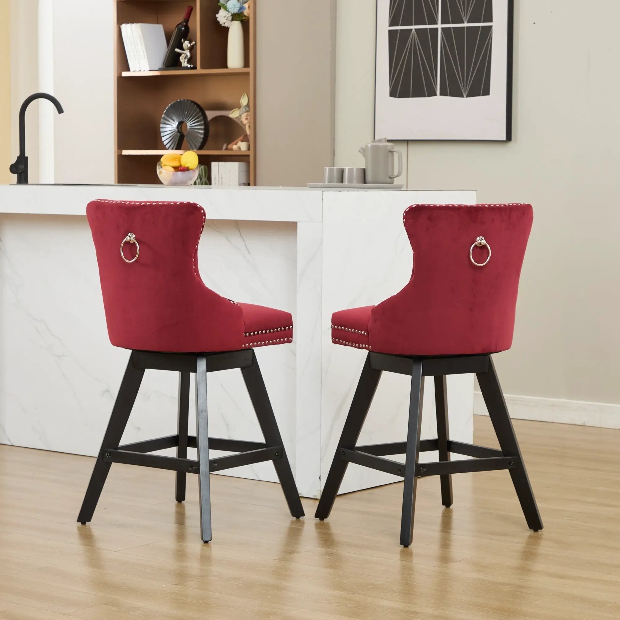 Swivel Velvet Barstools with Button Tufted Decoration - Set of 2 (Wine Red) by HouseOfZazla