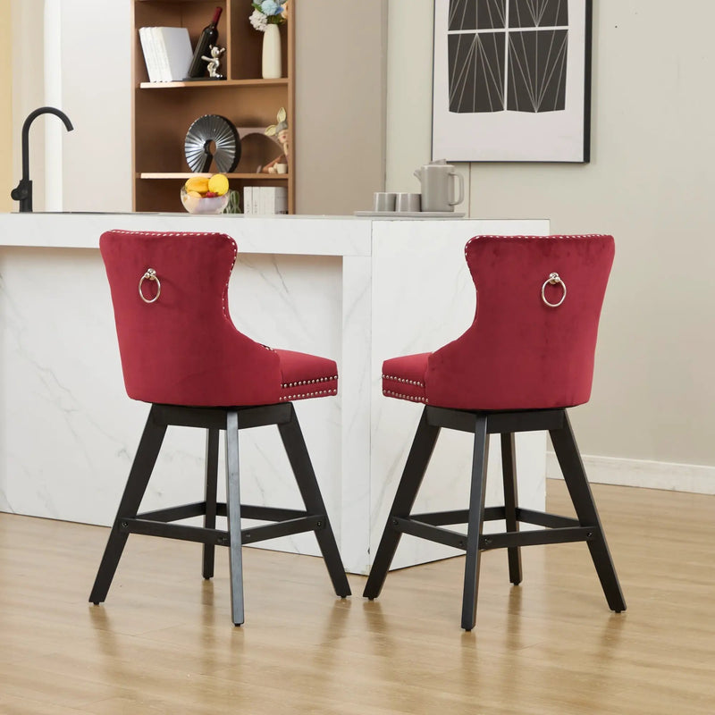 Swivel Velvet Barstools with Button Tufted Decoration - Set of 2 (Wine Red) by HouseOfZazla
