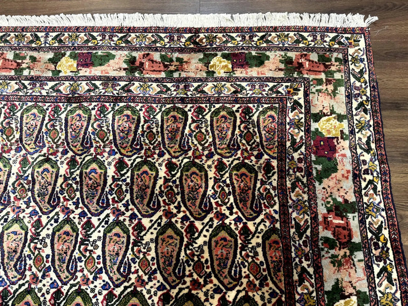 Persian Kurdish Rug 8x11, Repeated Allover Boteh Paisley Design, Bird Pictorials, Rare Antique Sannadaji Carpet by Jewel Rugs