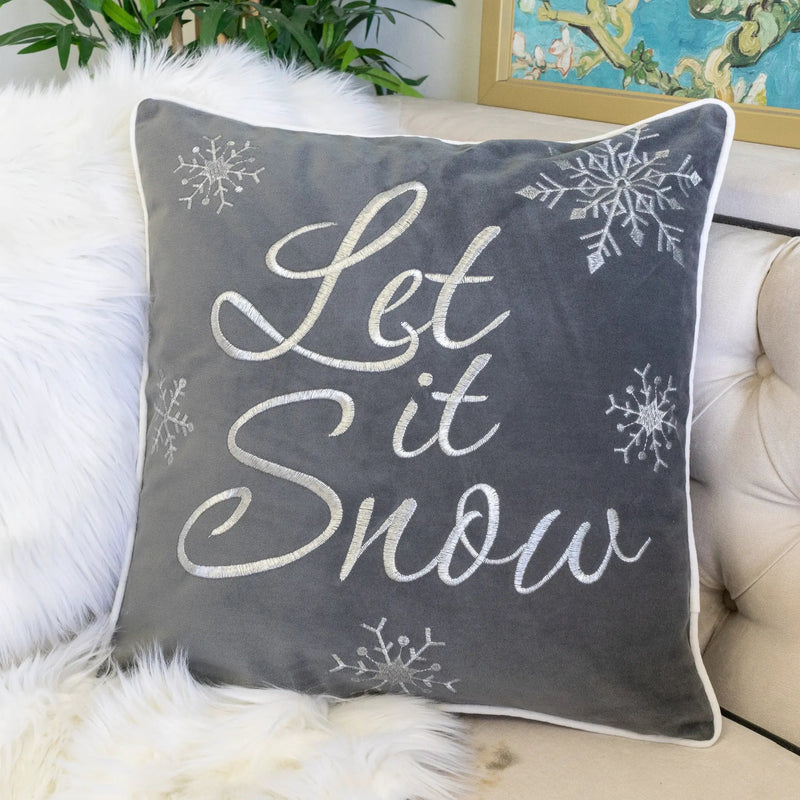 Let It Snow Embroidered Cotton Throw Pillow by HouseOfZazla