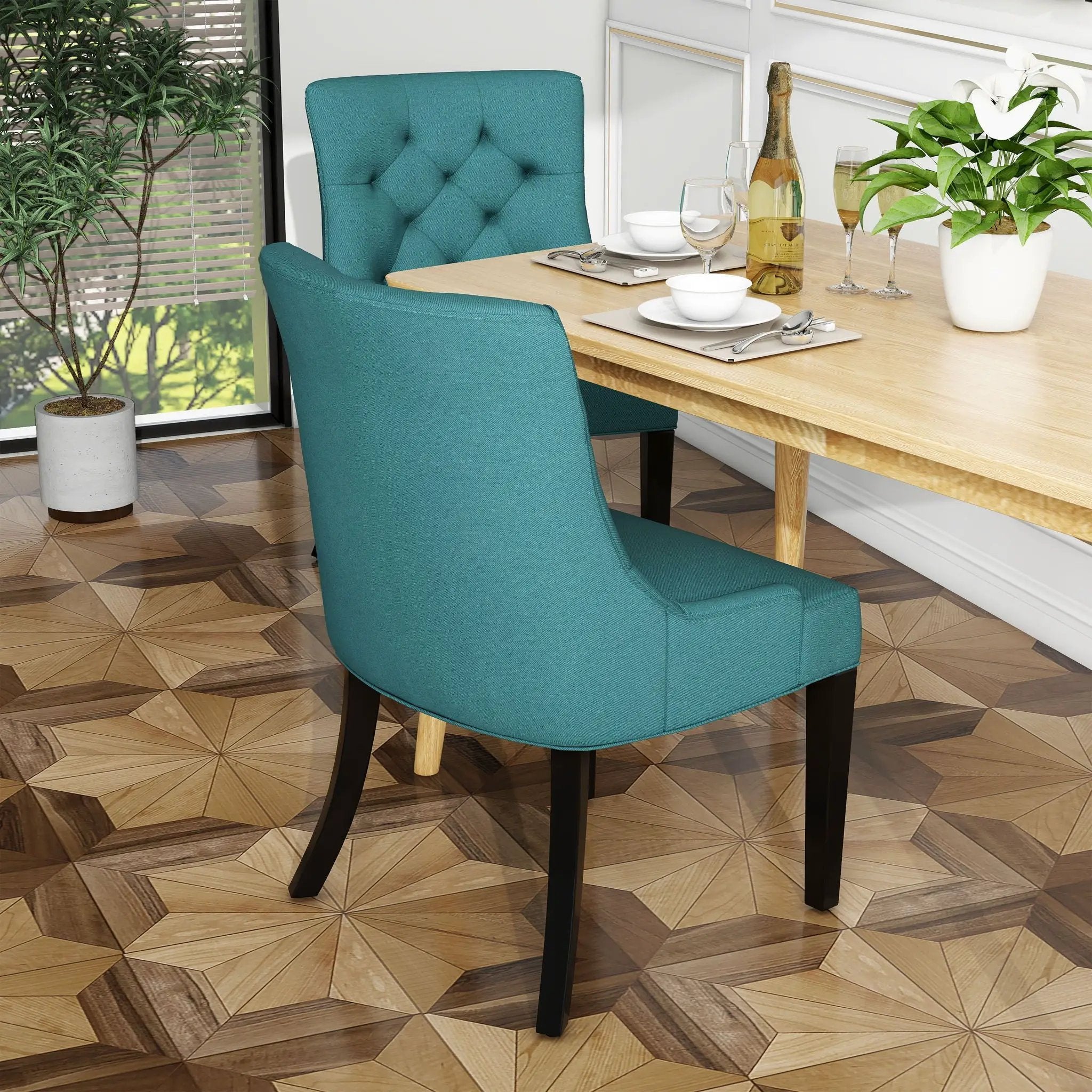 Dining Chair Set of 2 With Upholstered Diamond Tufting And Espresso Birch Legs - Teal by HouseOfZazla
