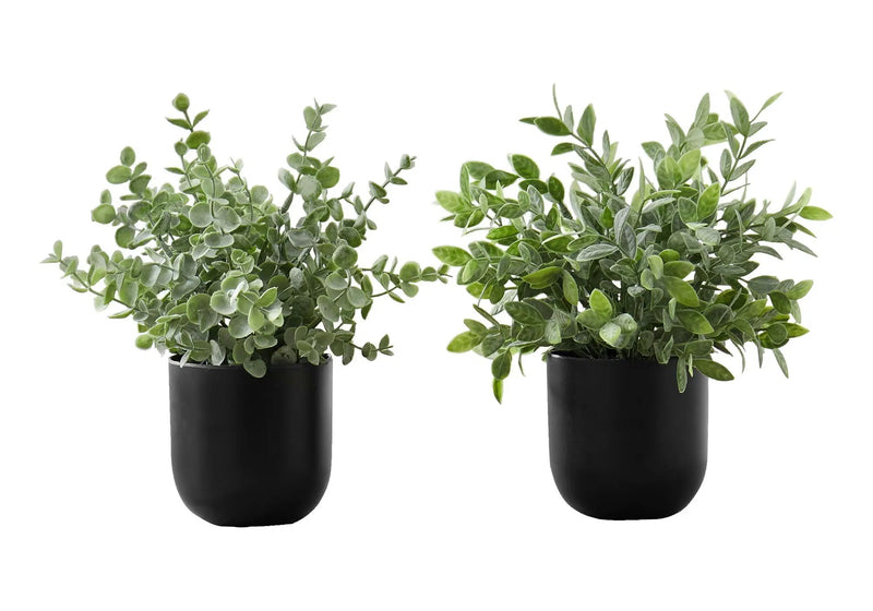 11" Tall, Artificial Plant, Eucalyptus Grass, Indoor, Faux, Fake, Table, Greenery, Potted, Decorative (Set of 2) - Green / Black by Unique Piece Furniture