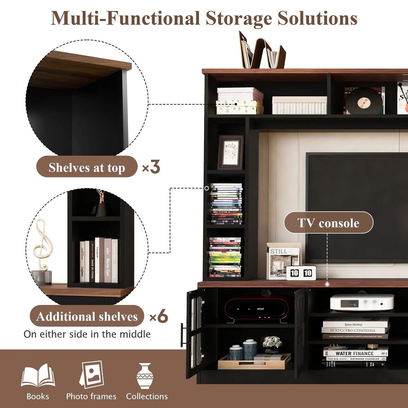 Wall Unit Entertainment Center With Bookshelves For TVs Up To 80", Tempered Glass Doors And Adjustable Shelves by Unique Piece Furniture